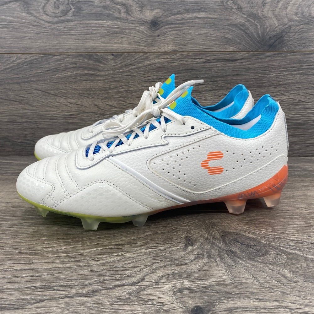 Charly Men's Tyrian LT Soccer Cleats White Blue Orange Leather Size US 7.5